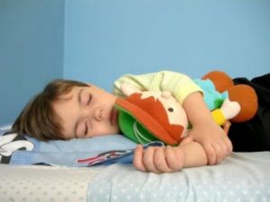 Pojke sover med gosedjur