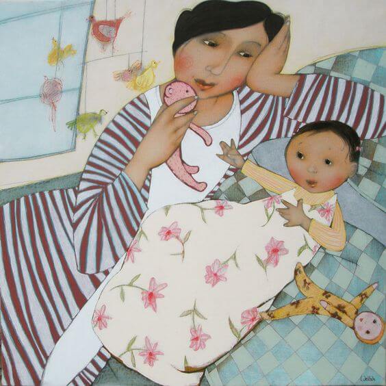 Mamma med bebis och dockor