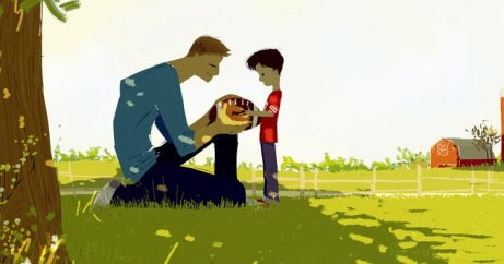 Far och son vid träd.