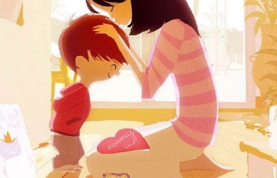 Mor som pussar son.