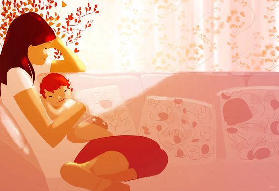 En mamma som håller sitt barn i famnen.