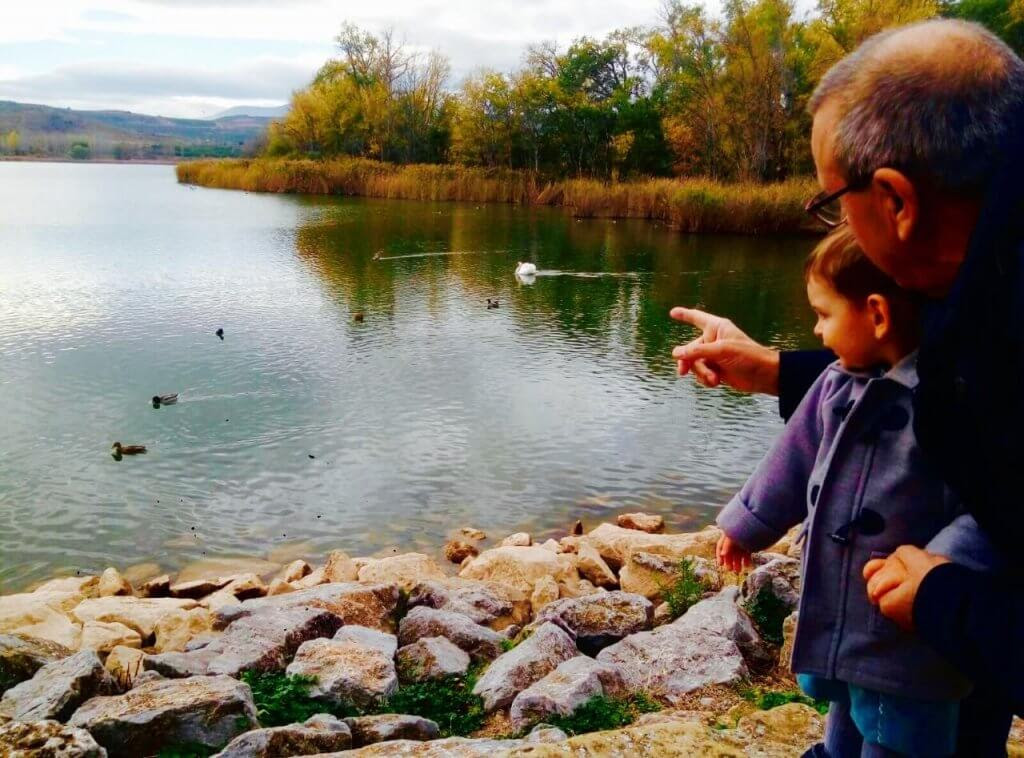 Man och barn tittar ut över vatten