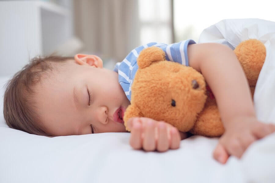 Bebis sover med nalle