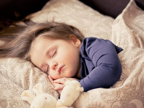 barn sover med gosedjur