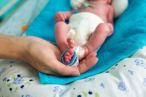 Vuxen hand håller fötter på för tidigt född bebis