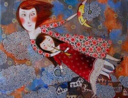 Målning av mamma och barn.