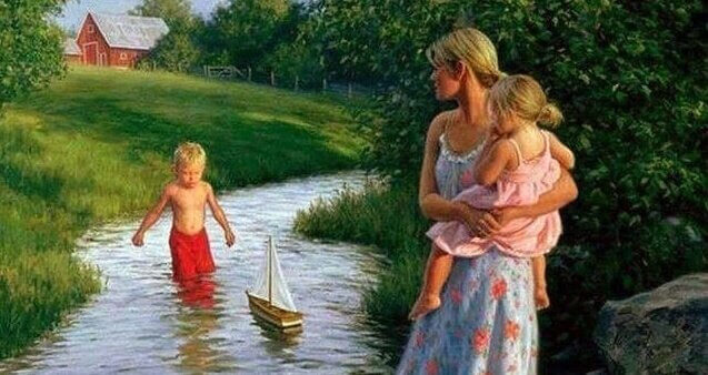 illustration av mamma som leker med två barn i en bäck
