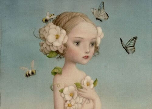 flicka med blommor och fjärilar