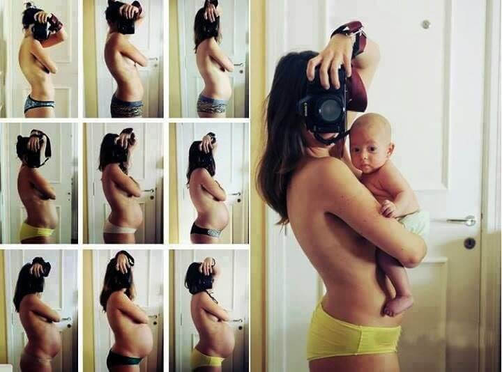 gravidfotografering: flera kort med gravid kvinna och sedan samma kvinna med baby