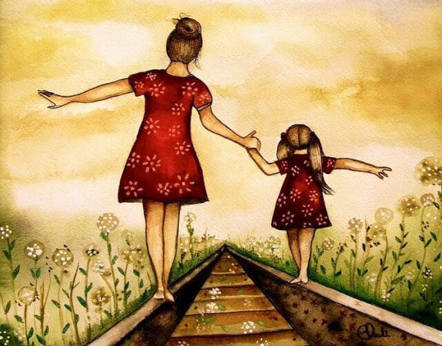 illustration av mamma och dotter som balanserar på järnvägsräls