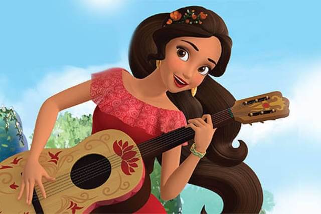 Elena från Avalor spelar gitarr.