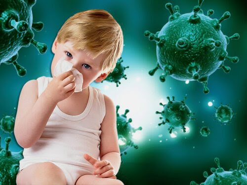 barn snyter sig med illustration av virus i bakgrunden