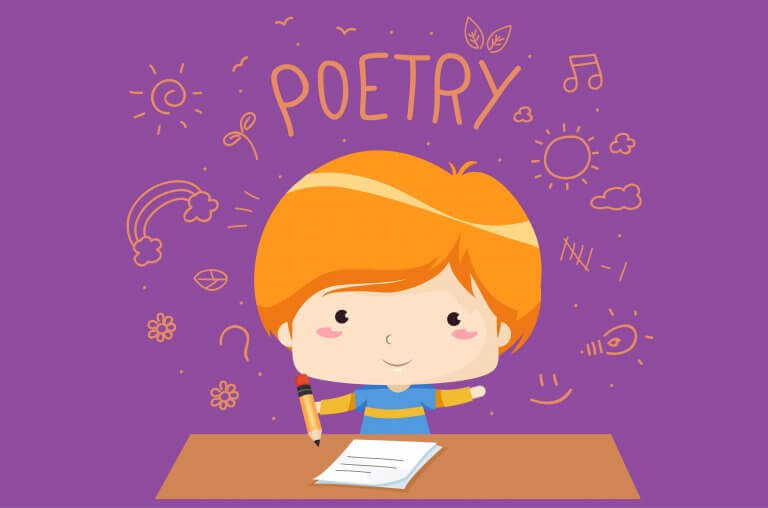 introducera ditt barn till poesi: barn med papper och penna och ordet poetry