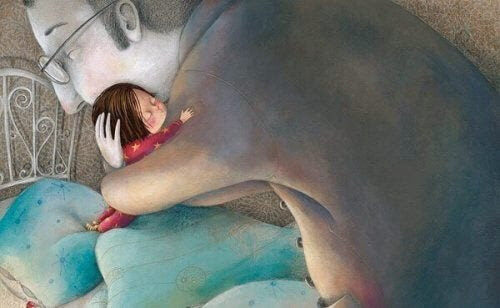 magiska tänkande: pappa kramar barn illustration