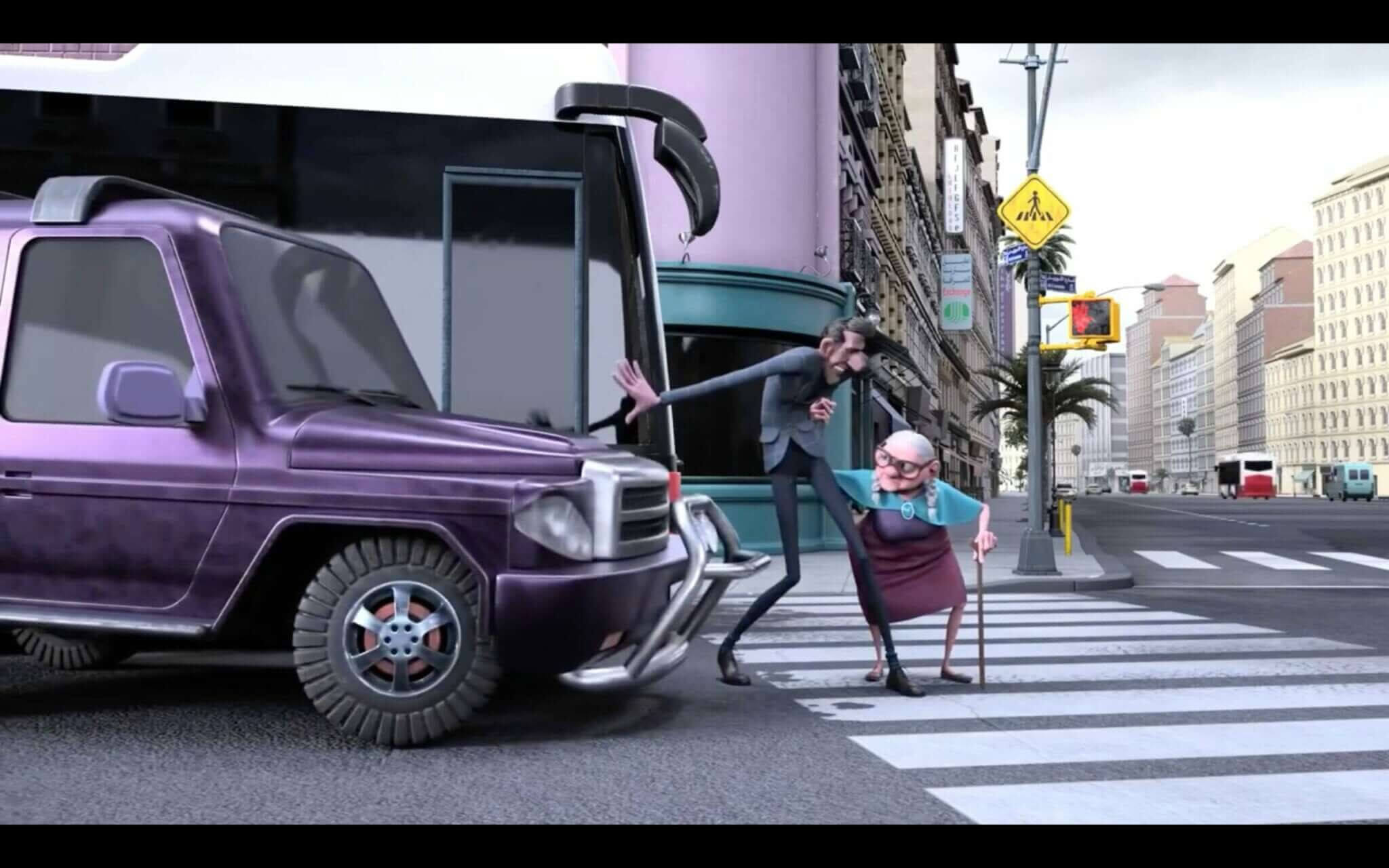 Mr. Indifferent stannar en bil för att hjälpa andra korsa gatan
