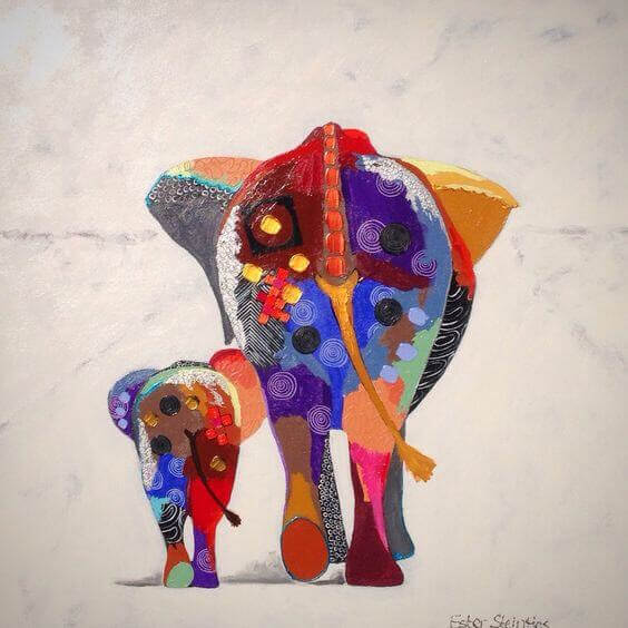 min nutid: elefant mamma och barn med färg