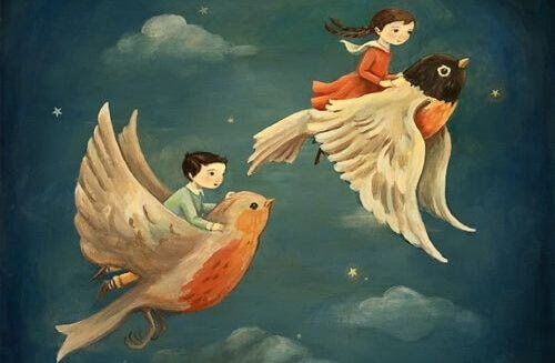 magiska varelser: barn flyger på fåglar